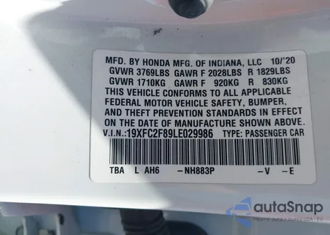 2020 Honda Civic Sport из США, поврежденный, VIN 19XFC2F89LE029986